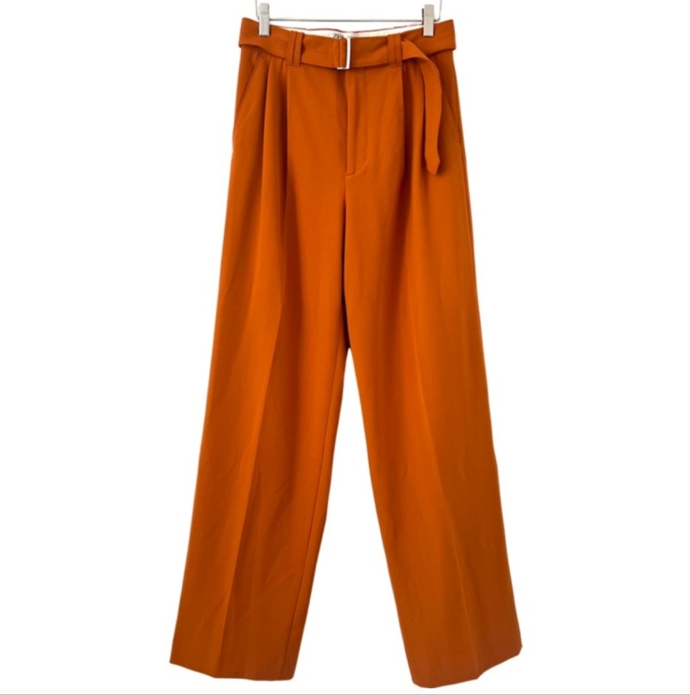 Zara Orange Wide Leg Pants with High Waist and Stylish d-ring Belt - Picture 5 of 11